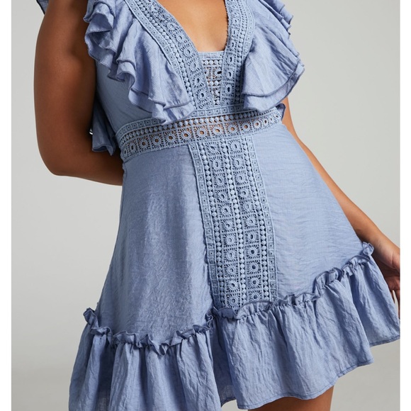 SHOWPO ALDINE RUFFLE TRIMMED CROCHET DETAIL MINI DRESS IN STEEL BLUE - Picture 2 of 3